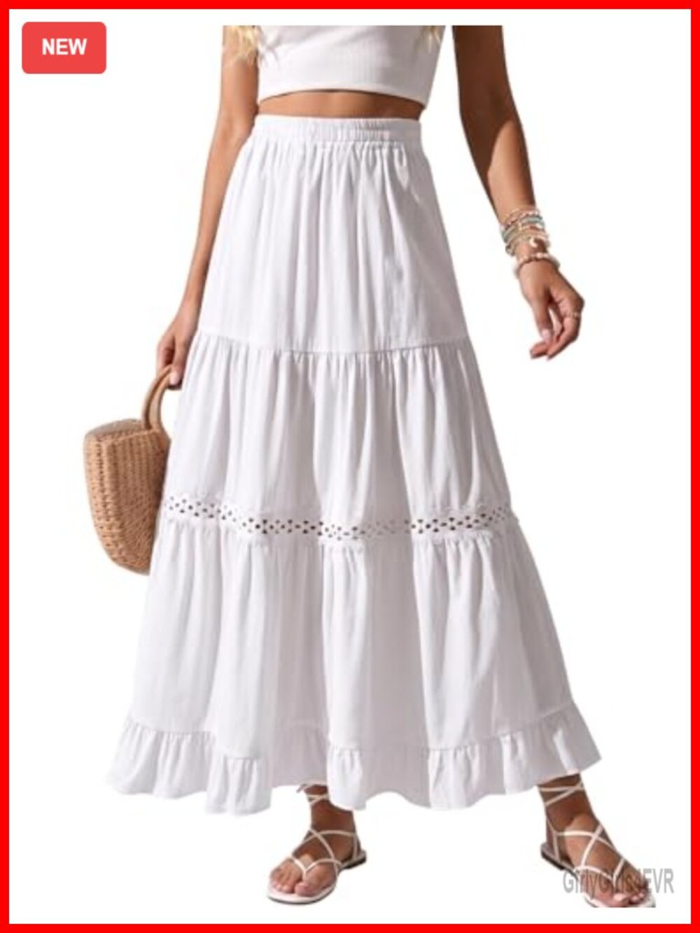Womens Cotton Maxi Skirt Lace Crochet High Waisted Tiered A Line